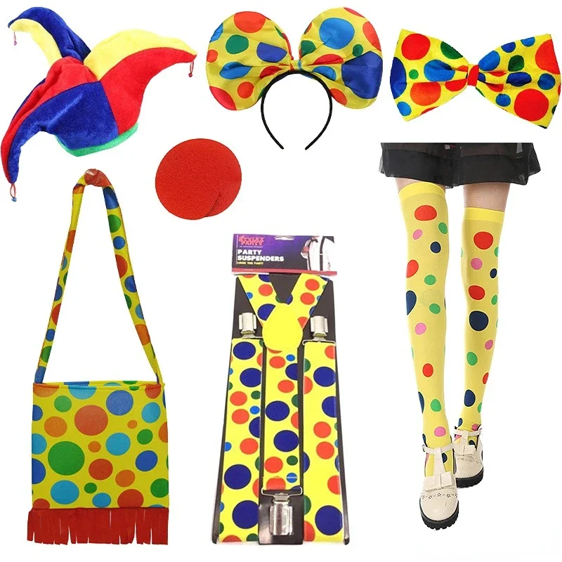 

Unisex Clown Costume Set Wig Bow Nose Socks Vest for Halloween Carnival Cosplay Fancy Dress Parties Christmas Halloween