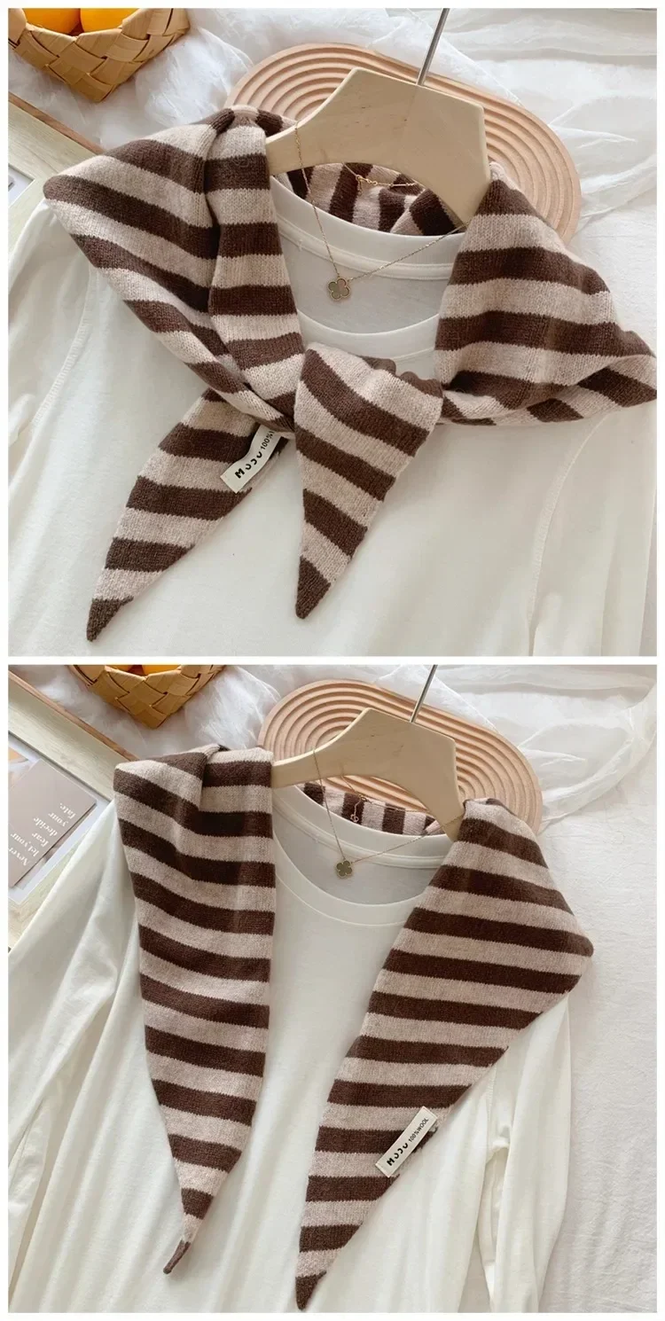 Koreanischer Streifen-Dreiecksschal aus 100 % Wolle, dreieckiger Schal für Männer und Frauen, britisches Nischen-Kopftuch, gestrickt, multifunktionaler warmer Schal – Detail 9