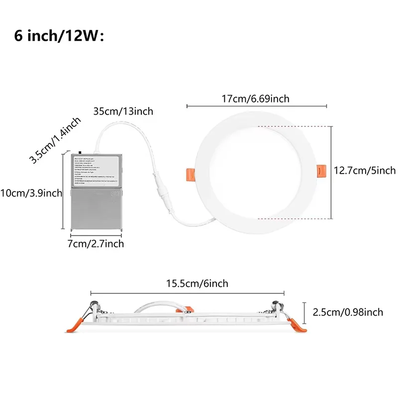 ETL Certified 6Inch 12W LED Downlight Recessed with Narrow Frame Deep Anti-glare 5CCT Ultra-Thin Slim LED Panel Lights for Shop