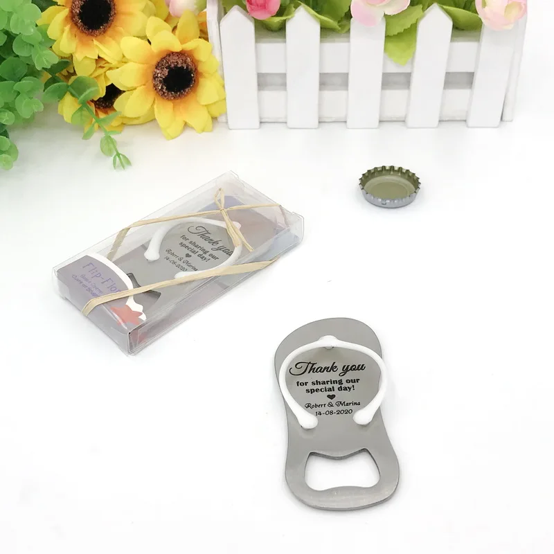 96PCS Personalized Flip Flop Bottle Opener in Gift Box Beach Wedding Favors Bomboniere Customized White Thong Bottle Openers