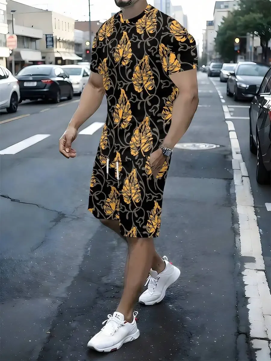 

Mens Two Piece Summer Outfit Black Base With Vibrant Yellow Leaf Print Short Sleeve Top And Matching Shorts