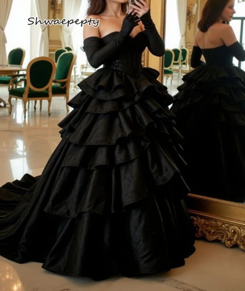 

Ruffle Tiers Black Gothic Prom Dress With Gloves 2025 Strapless Sweetheart Vintage Evening Gown Events Dress Customized