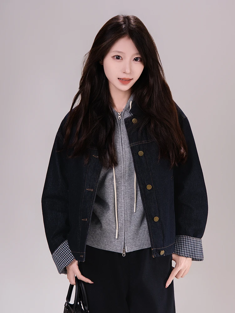 

Active Dyeing Plaid Sve Collar Cotton Denim Jaet Women Winter Small Size Thiened Long Sve Collar Single Button