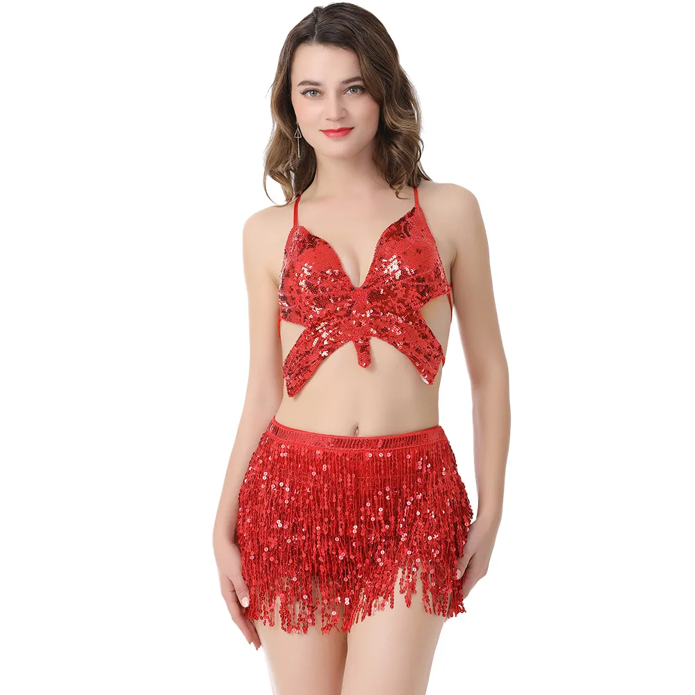 Vestido de danza del vientre para actuación en escenario, conjunto de cinturón, ropa india para mujer, falda gitana, borla de lentejuelas, traje de baile en Barra de Jazz