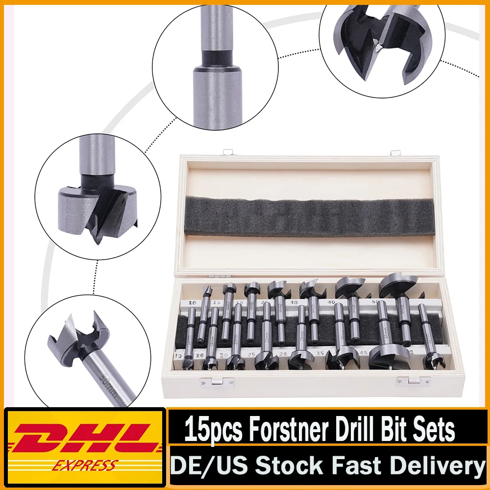 15pcs Forstner Drill Bit Sets 10mm - 50mm Hole Saw Cutter Set with Depth Stopper Hinge Boring Hole Saw for Woodworking Furniture