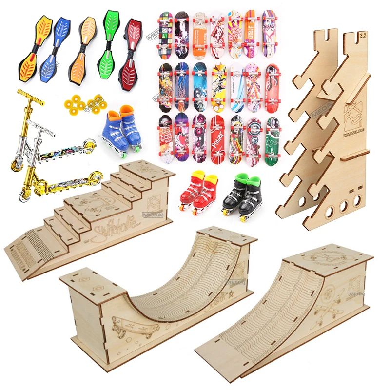 Wooden Finger Skateboard Park Set with Stairs Ramp Scooter Wooden Fingerboard Storage Rack DIY Tech Practice Deck Kit Toys