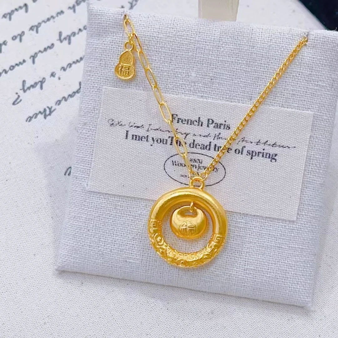 Women's 9999 24K Real Gold Safety Buckle Little Fat Fortune Necklace Retro Chinese Style Qiankun Circle