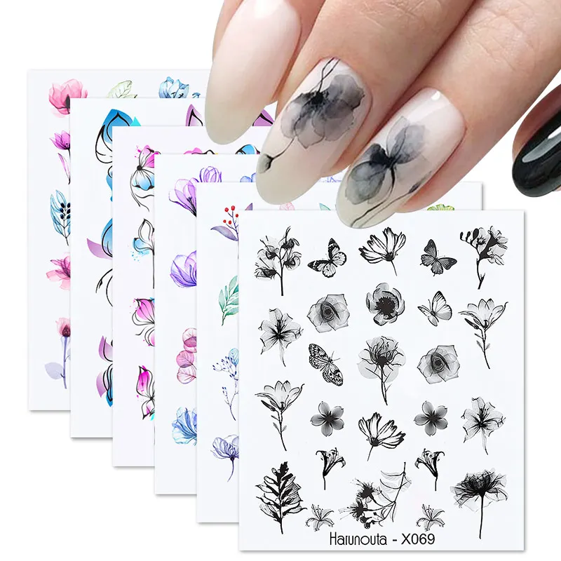 1Set Abstract face Decal Black Ink Blooming Letter Water Nail Stickers Flowers Leaf Watercolor Butterfly Nail Art Decals Sliders