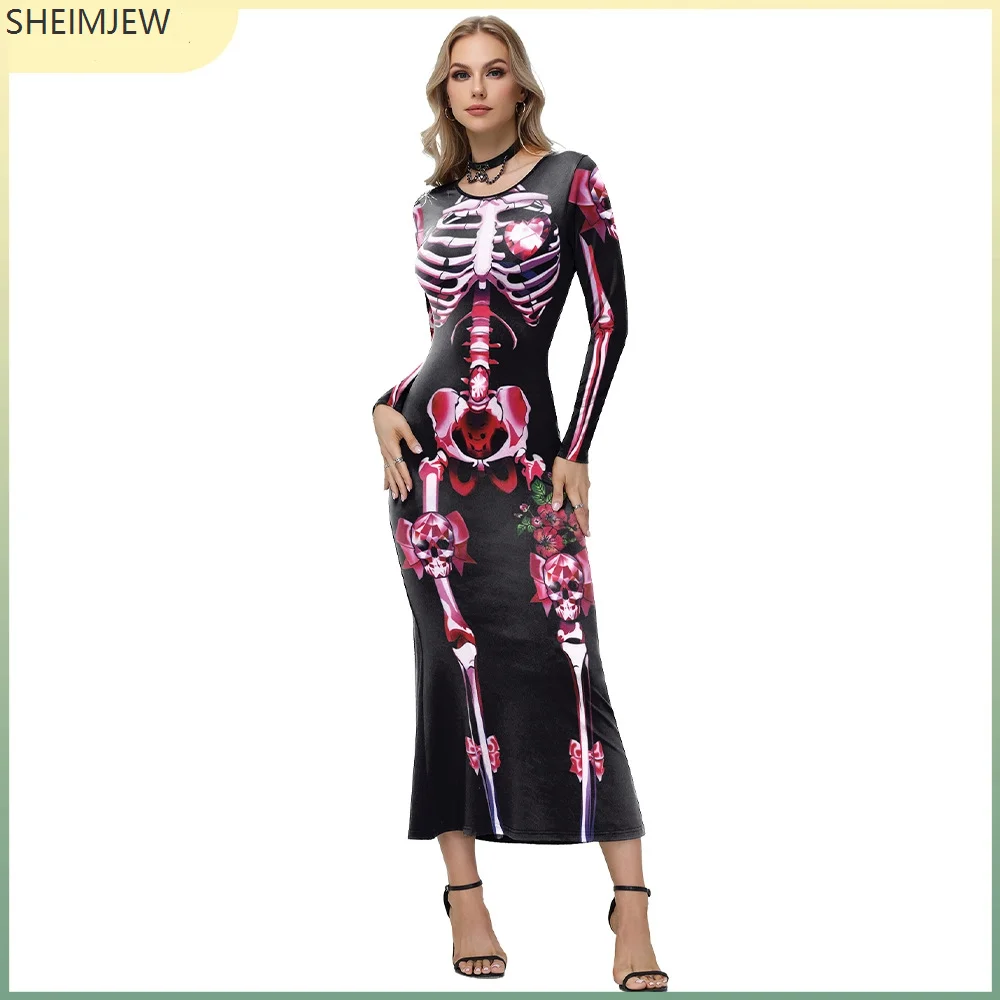 

Girls Halloween Haunted House Party Long Sleeve Full Body Ladies Halloween Cosplay Cartoon Skull And Heart Skull Print Skirt