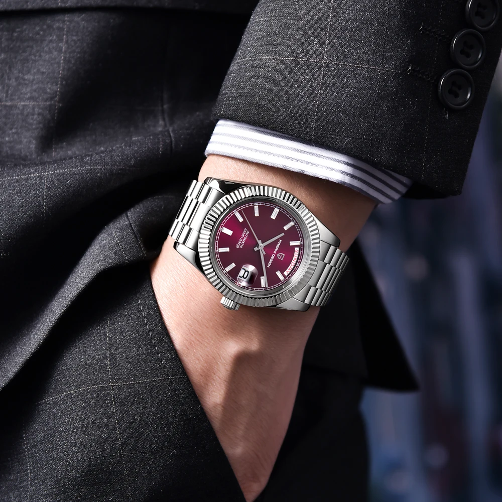 ساعة باجاني ديزاين للرجال 40 ملم ساعة ميكانيكية فاخرة للرجال NH36A كريستال الياقوت تقويم الأحد ساعة رجالية من الفولاذ المقاوم للصدأ