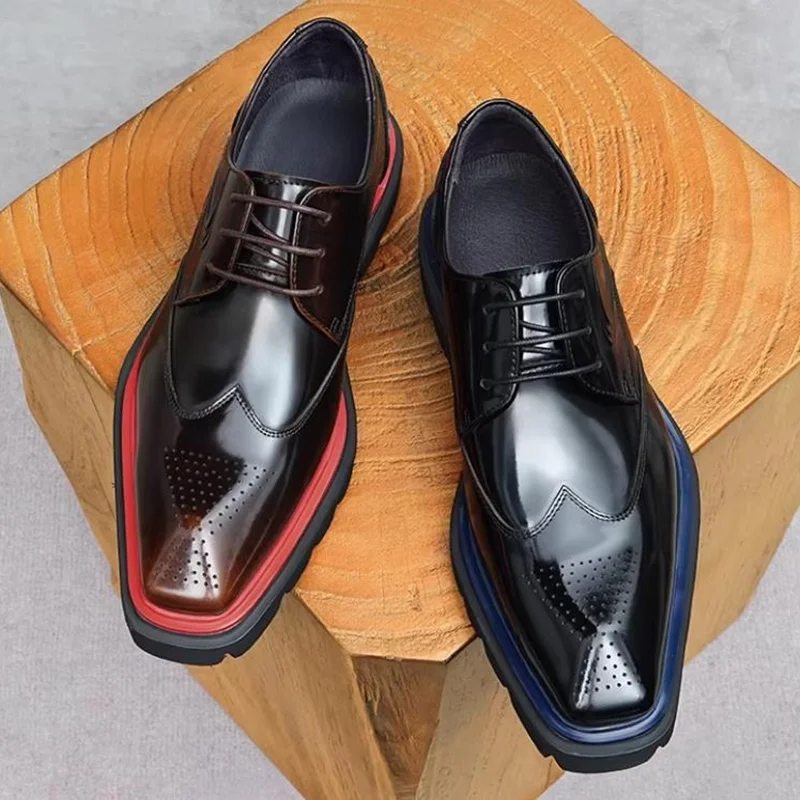 High Quality Brogue Pattern Business Formal Leather Shoes Men Dress Shoes Anti-slip Thick Soles Square Toe Lace-up Derby Shoe