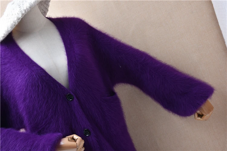 Women Mujer Autumn Winter Purple Hairy Mink Cashmere Knitted V-Neck Long Lantern Sleeves Loose Long Sweater Cardigans Jacket Top