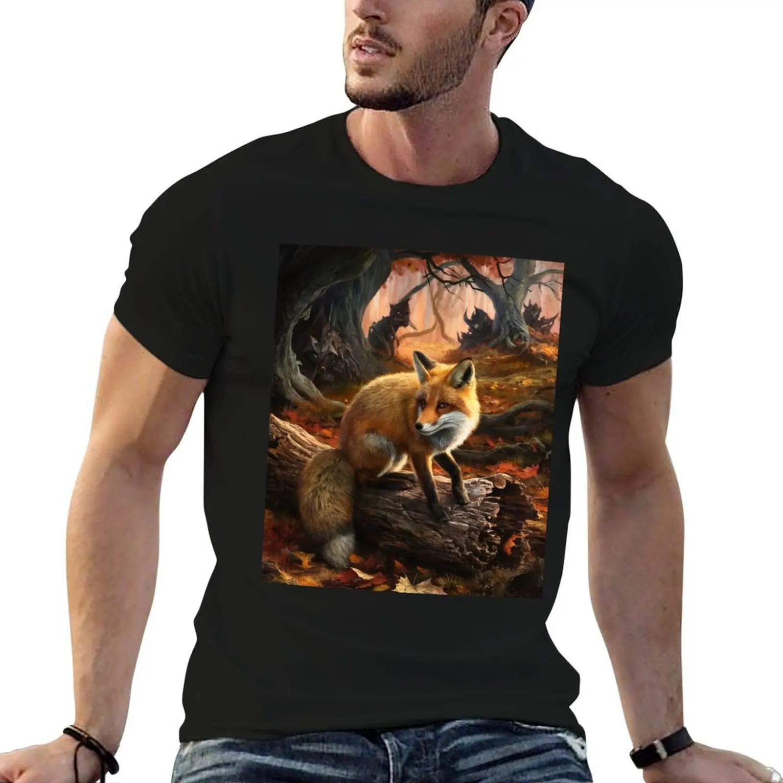 Retrato de Raposa. Camiseta com estampa personalizada estilo Hieronymus Bosch, com desenho de raposa de outono, raposa vintage, pintura de raposa.