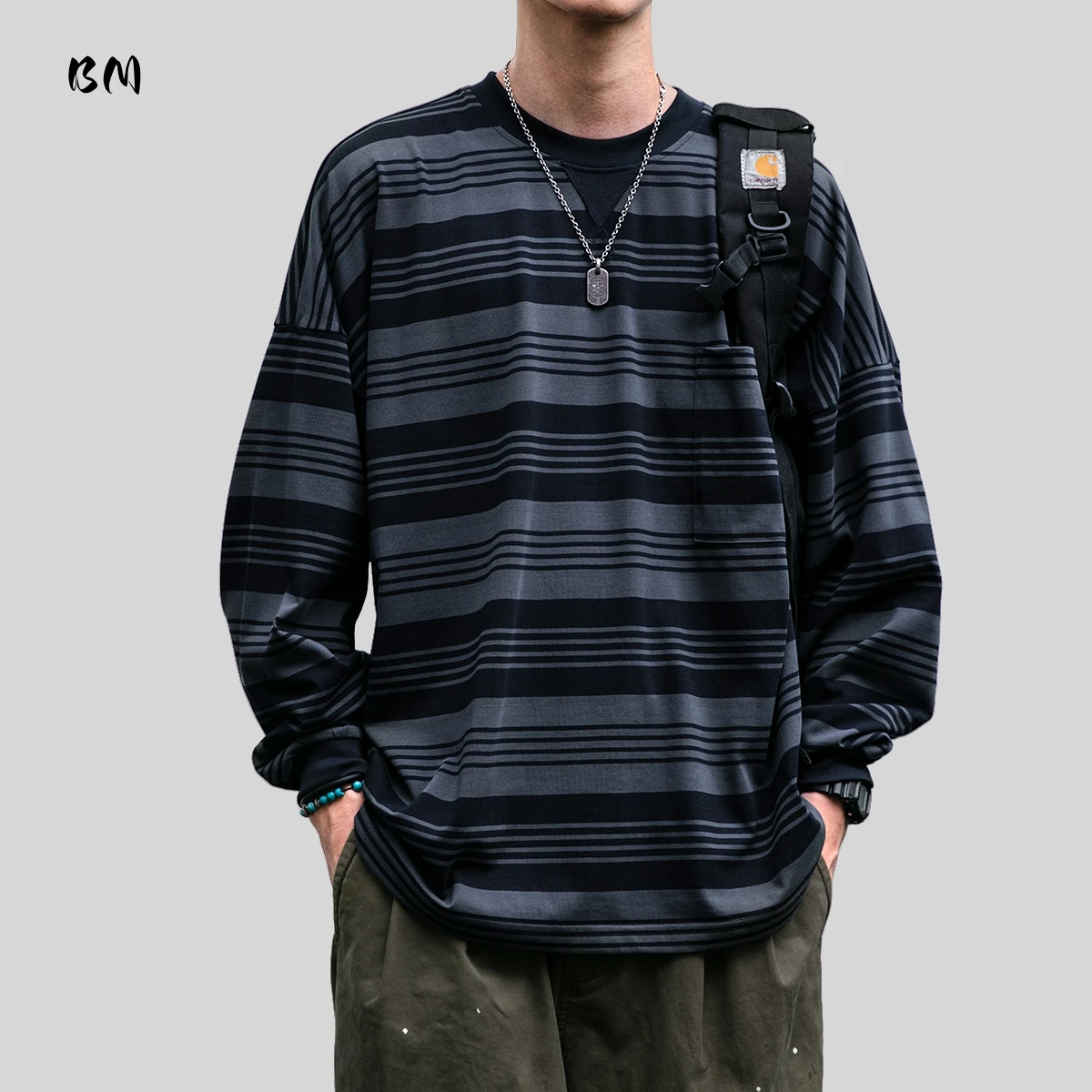 Mens Vintage American Long Sleeve T-Shirt Pure Cotton Striped Tops Male Distressed Wash Oversized Casual Lightweight Pullover