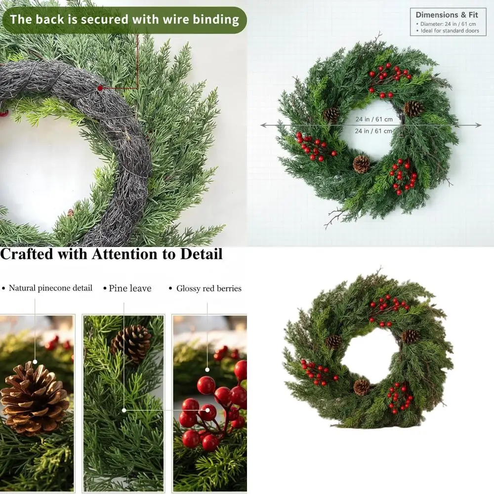 

Realistic 24 Cypress Wreath with Pine Cones for Outdoor and Indoor Christmas Decor