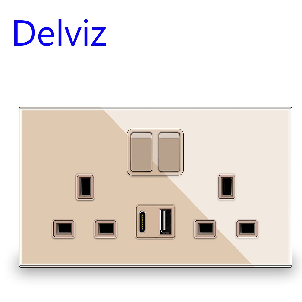 Delviz Crystal glass USB Socket, Switch control socket,18W Type-C Ports 3A Quick charge,UK standard 13A Wall Double Power Outlet