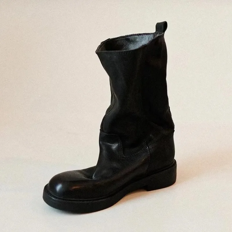 Women Round Toe Large Tube Retro Western Cowboy Boots Pleated Thick Heel Leather Midsole Motorcycle Boots Daily Outdoor Footwear