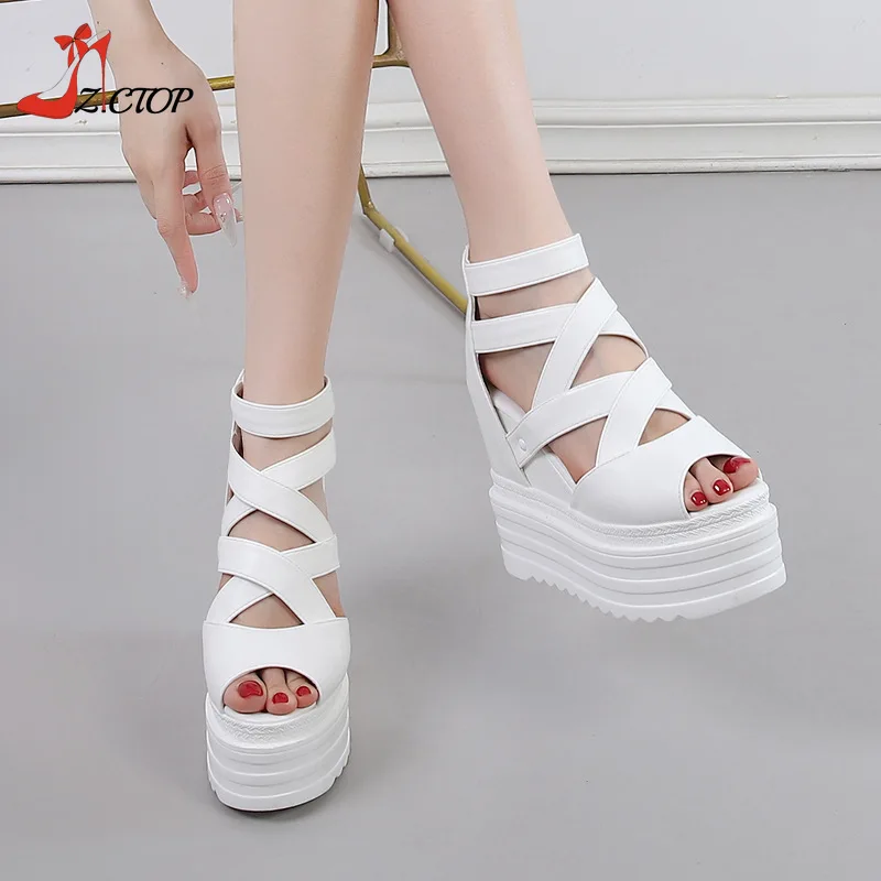 Summer Wedges Thick Bottom Sandals Women Fashion Platform Increase Height Peep Toe Sandals 13cm Super High Heels Black White