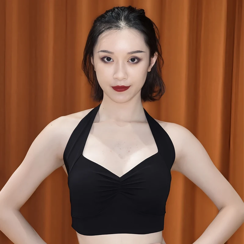 ملابس داخلية للرقص اللاتيني للنساء حمالة صدر على شكل الفهد ملابس علوية برقبة رسن سوداء ملابس رياضية لليوجا ملابس ممارسة لاتينية للتدريب والرقص DNV24390