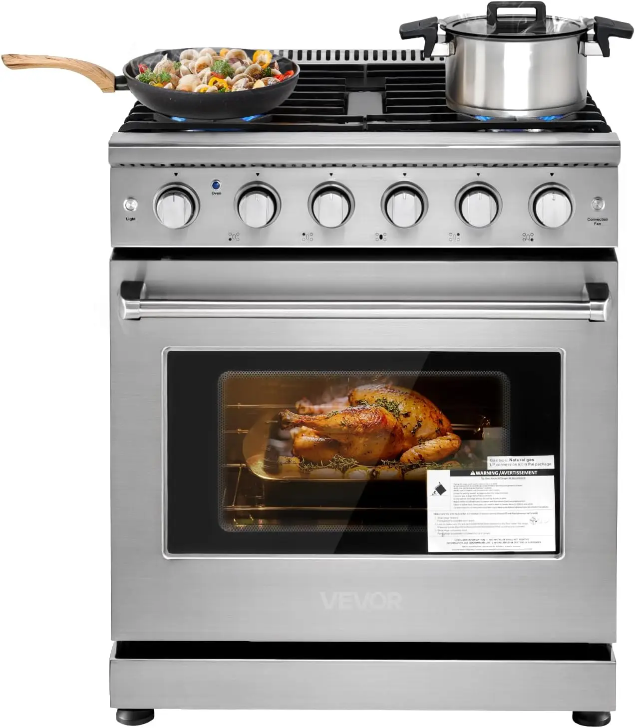 Gas Range Oven, 30 Inches Width, Freestanding Stainless Steel Stove and Oven with 5 Sealed Cooktop Burners, Easy Reach Racks, St