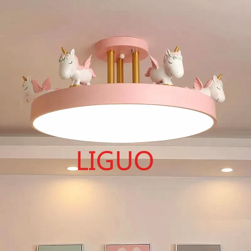 

Nordic pink ceiling light Bedroom unicorn lamp for Children's Room LED Lanterns Cartoon Resin Home Decoration kids bedroom light