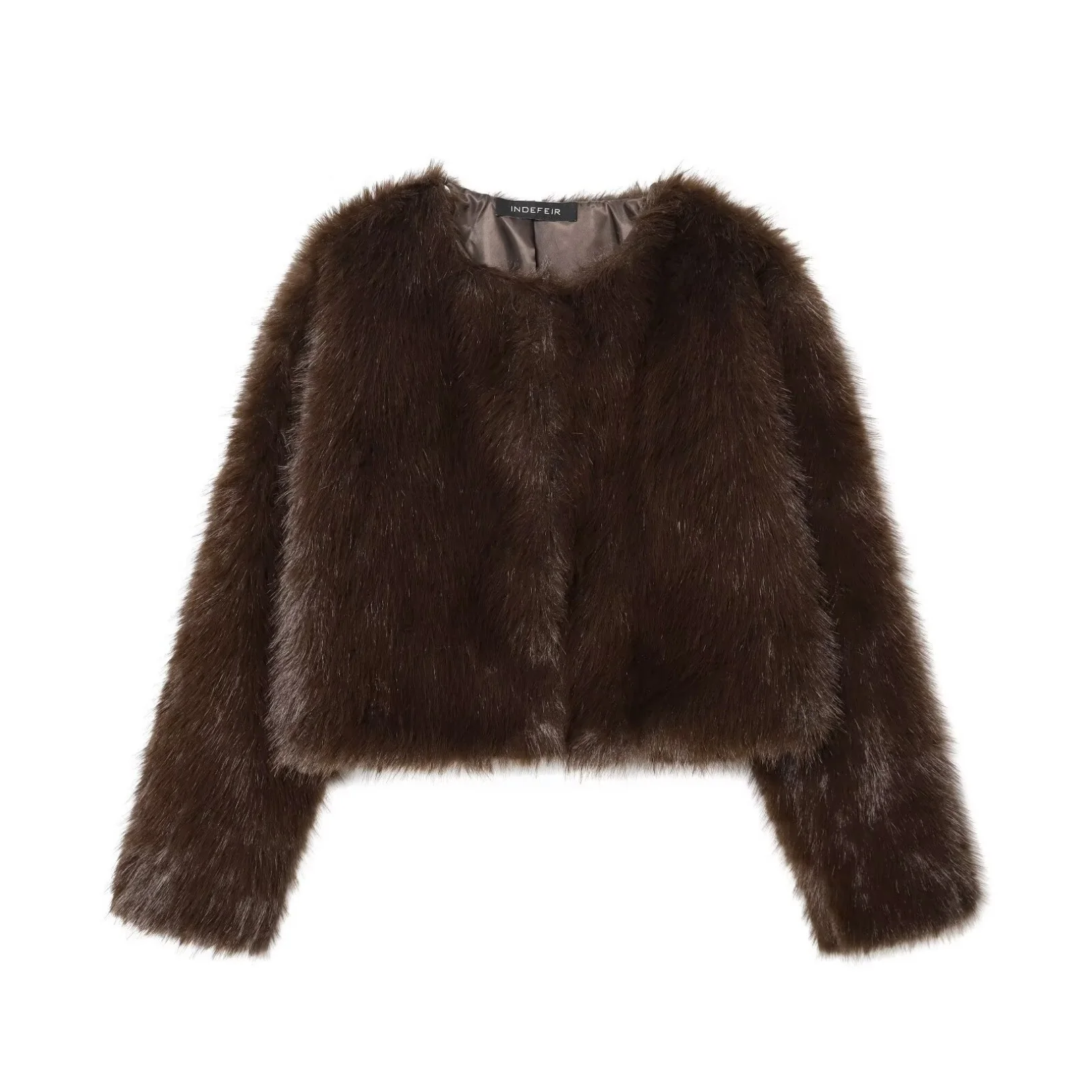 المرأة الخريف الشتاء فو الفراء سترة الإناث س الرقبة طويلة الأكمام الدافئة معطف قصير موضة شارع العليا أنيقة رشاقته ملابس خارجية #2