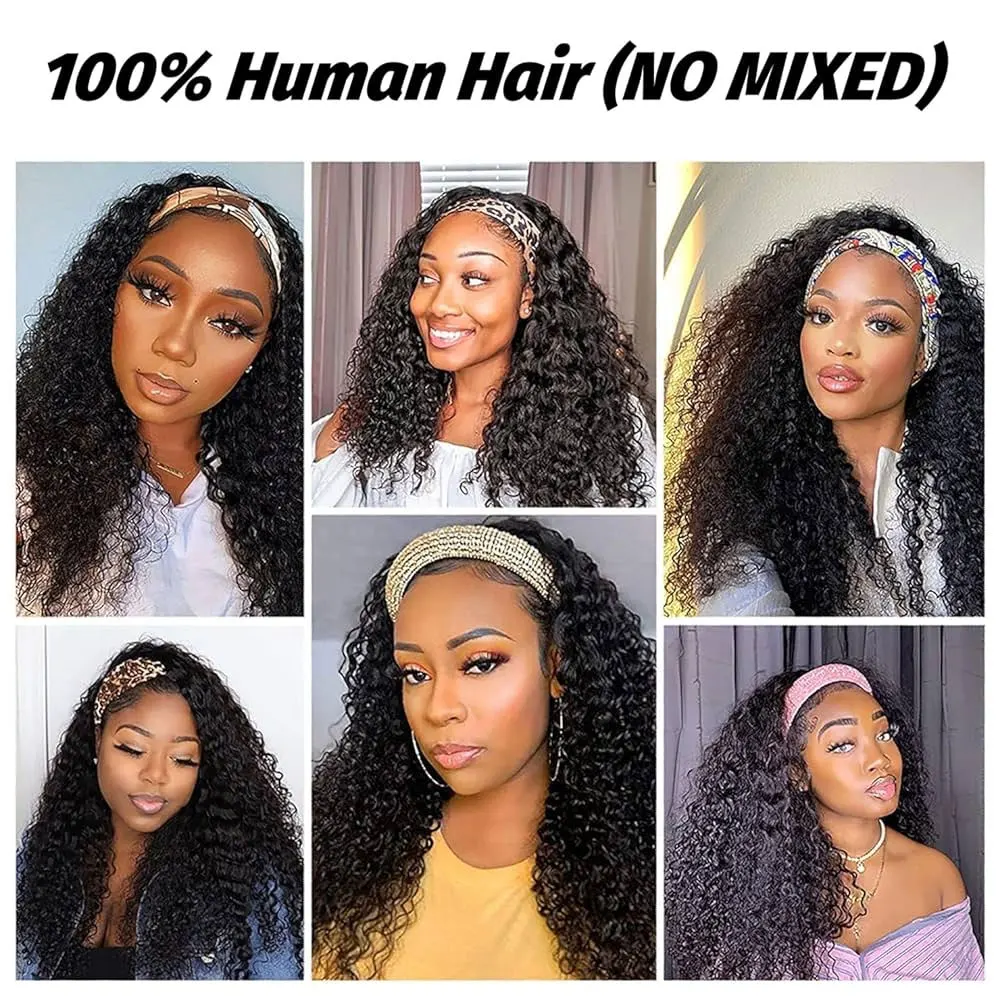 Headband Wigs Human Hair Deep Water Wave Human Hair Wigs 200% No Lace No Glue Machine Made Wig Beginner Friendly Curly Wigs