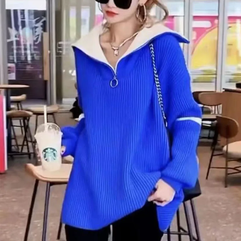 

Autumn And Winter New High-Necked Color Matching Women Loose Knit Bottoming Shirt Sweater