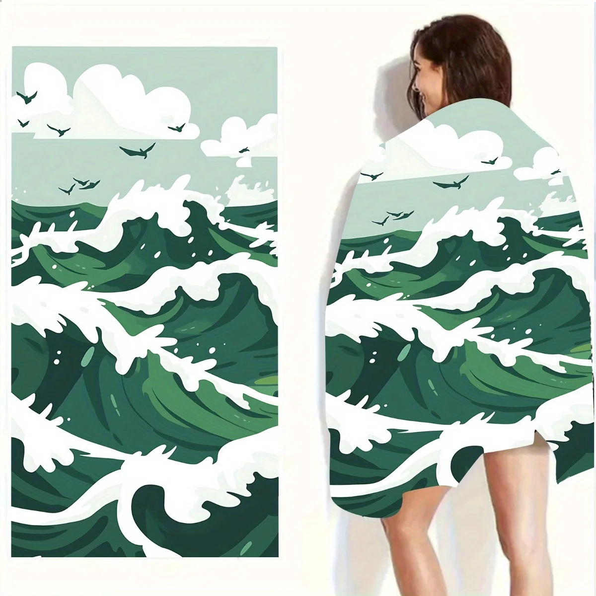 Vintage Green Ocean Wave Beach Towel Patterned Sunscreen And Windproof Suitable For Swimming Pool Camping Travel Blanket