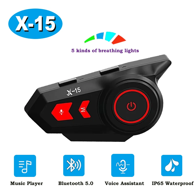

X-15 Мотоциклетный шлем Bluetooth-гарнитура IP65 Водонепроницаемая 5 видов света 40 мм Динамический звуковой динамик Музыкальный плеер Беспроводной 5,0