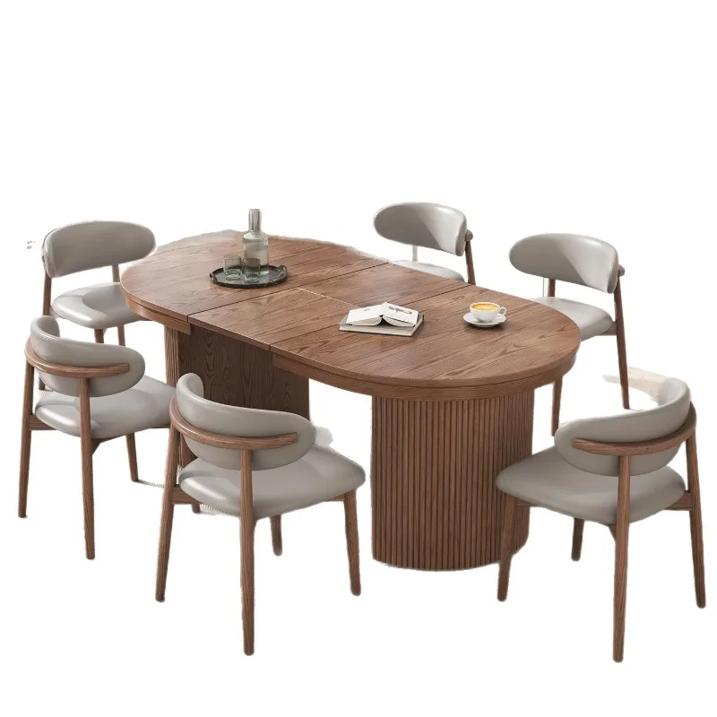 Retro style all solid wood retractable dining table, rectangular deformation pull round table
