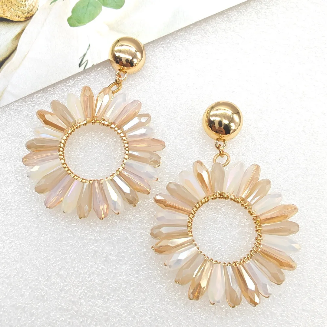 Rice bead earrings Circle Crystal Originality Hand knitting Bohemia Alloy Fashion Simple Beaded earrings