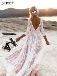 Vestido de novia bohemio de manga larga con corte en A, traje de novia con abertura Sexy, cuello redondo, fiesta de boda en la playa