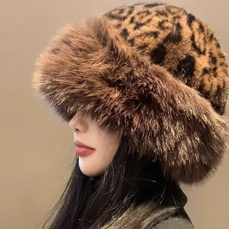 Ins Leopard Print Bucket Hat Women Fashion Furry Fisherman Cap Faux Fur Warm Winter Luxury Ear Protection Plush Panama for Girls