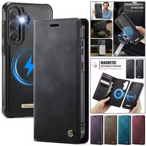 Magnetic Wireless Charging Flip Leather Phone Case for Samsung Galaxy S25 Ultra S24 FE S23 Plus S22 S21 S20 Wallet Card Cover
