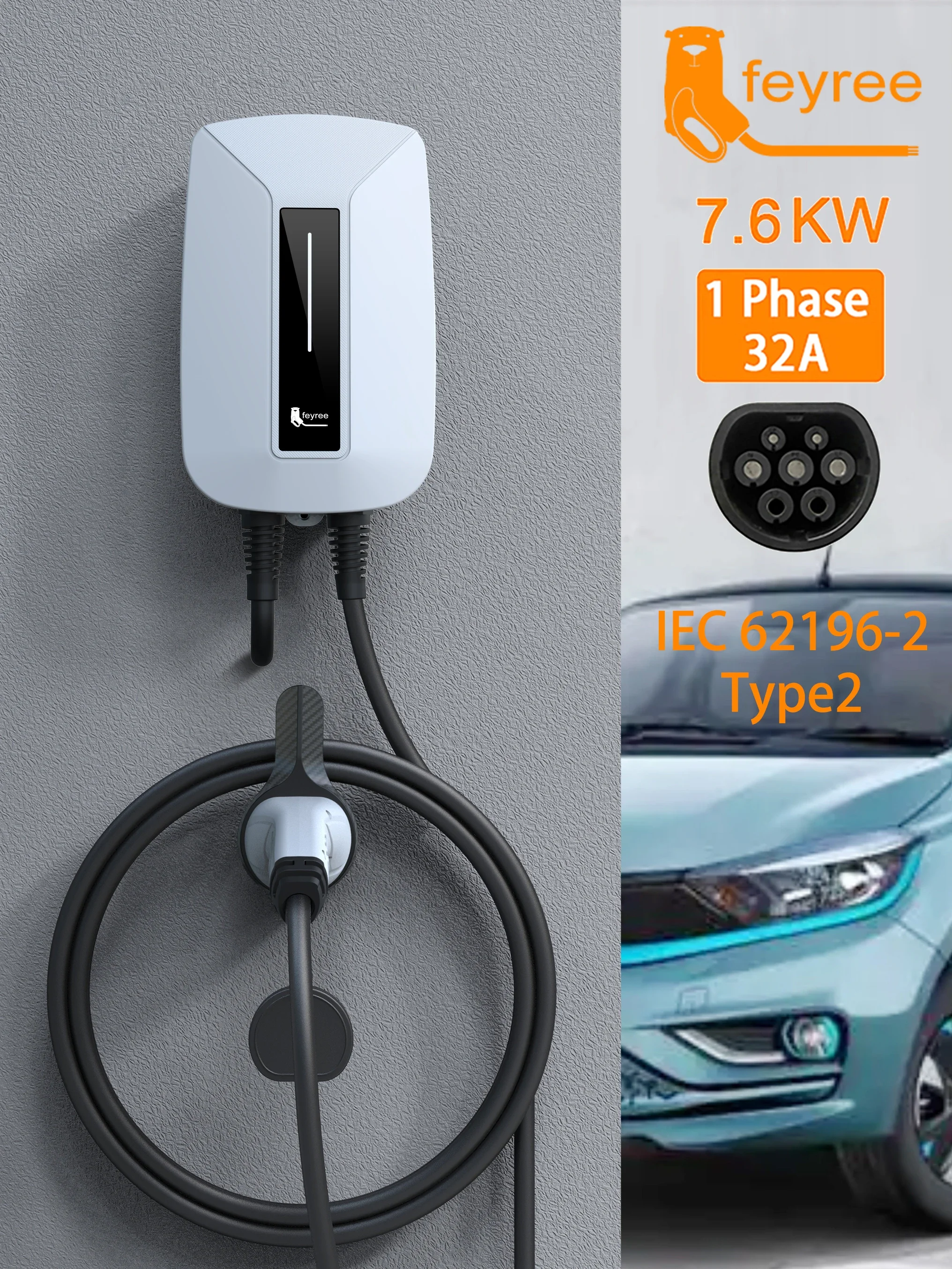 feyree EVSE Wallbox 32A 7KW EV Charger Type2 Plug IEC62196-2 Socket 1 Phase 5m Cable Wallmount Charging Station for Electric Car