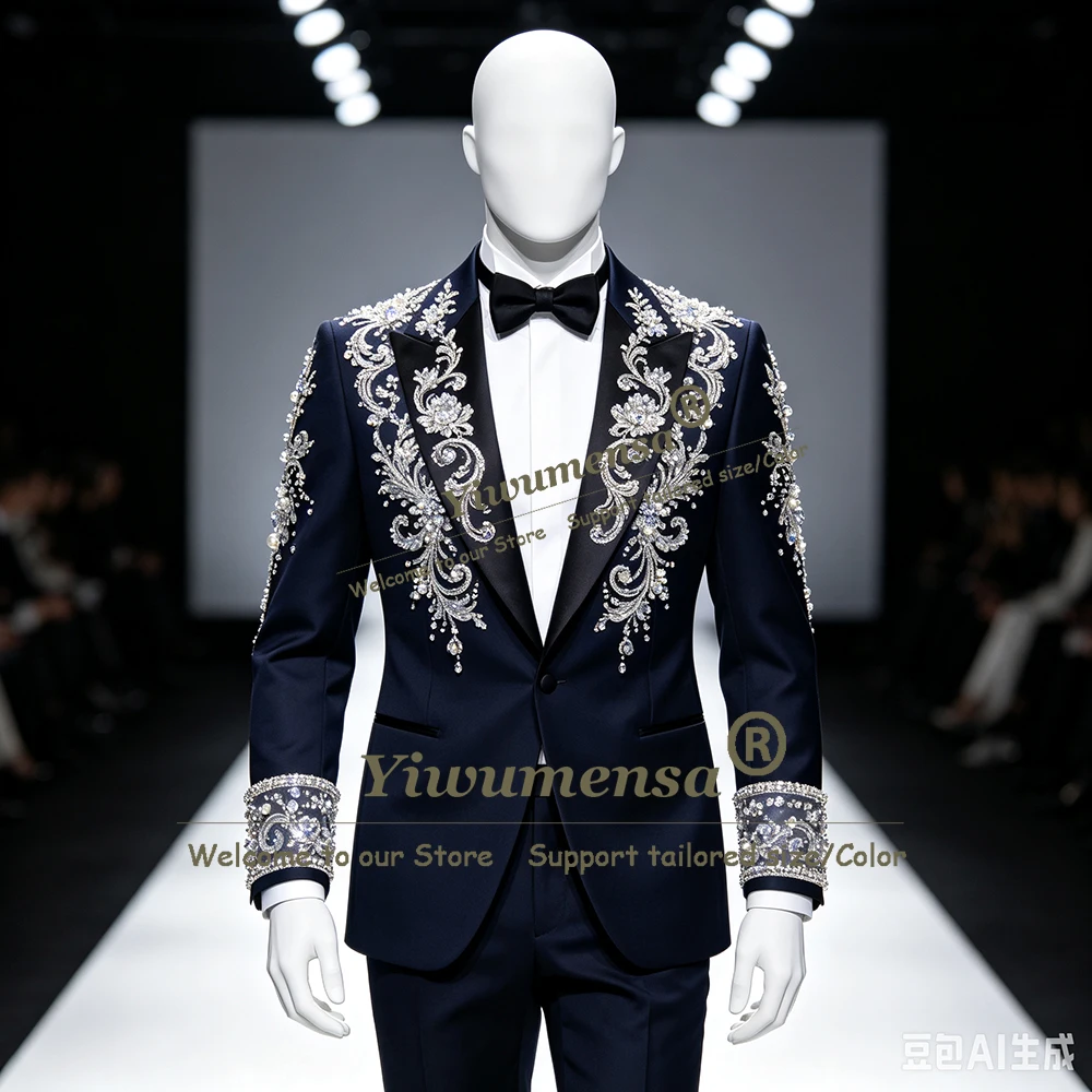 Exquisite Men's Suit Sliver Beaded Stones Jacket Pants 2 Piece Sets Groom Formal Wear Weding Tuxedo Man Multi Occasion Clothing