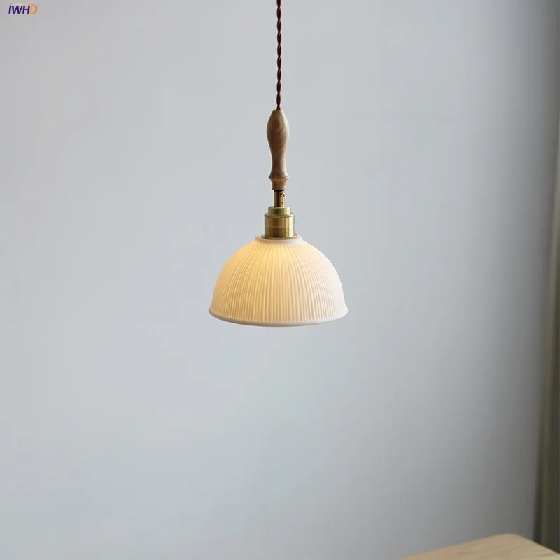

IWHD Home Decor LED Pendant Light Fixture Dining Room Bedroom Kitchen Ash Wood White Ceramic Japanese Style Hanging Lamp Lampara