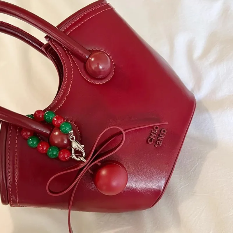 Genuine Leather Cherry Passionate Hand-Held Tote For Women New Single Shoulder Crossbody Small Bag