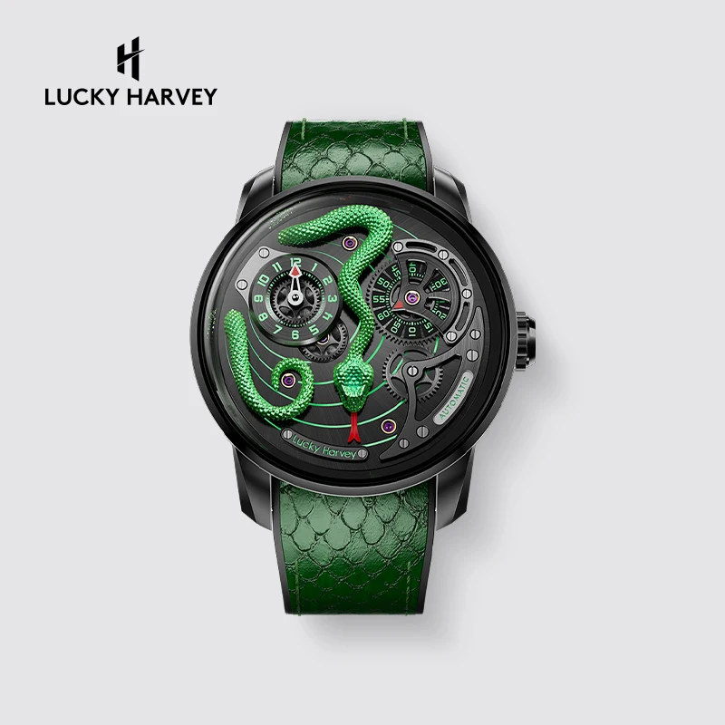 

Lucky Harvey забавные механические часы с автоматическим механизмом, наручные часы со змеиным циферблатом, синтетические сапфировые водонепроницаемые часы для мужчин