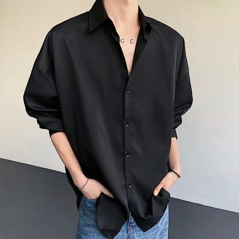 

Лето 2022, крутые рубашки с длинными рукавами из ледяного шелка для мужчин, модная однотонная свободная повседневная рубашка, красивые топы с лацканами, социальная уличная одежда