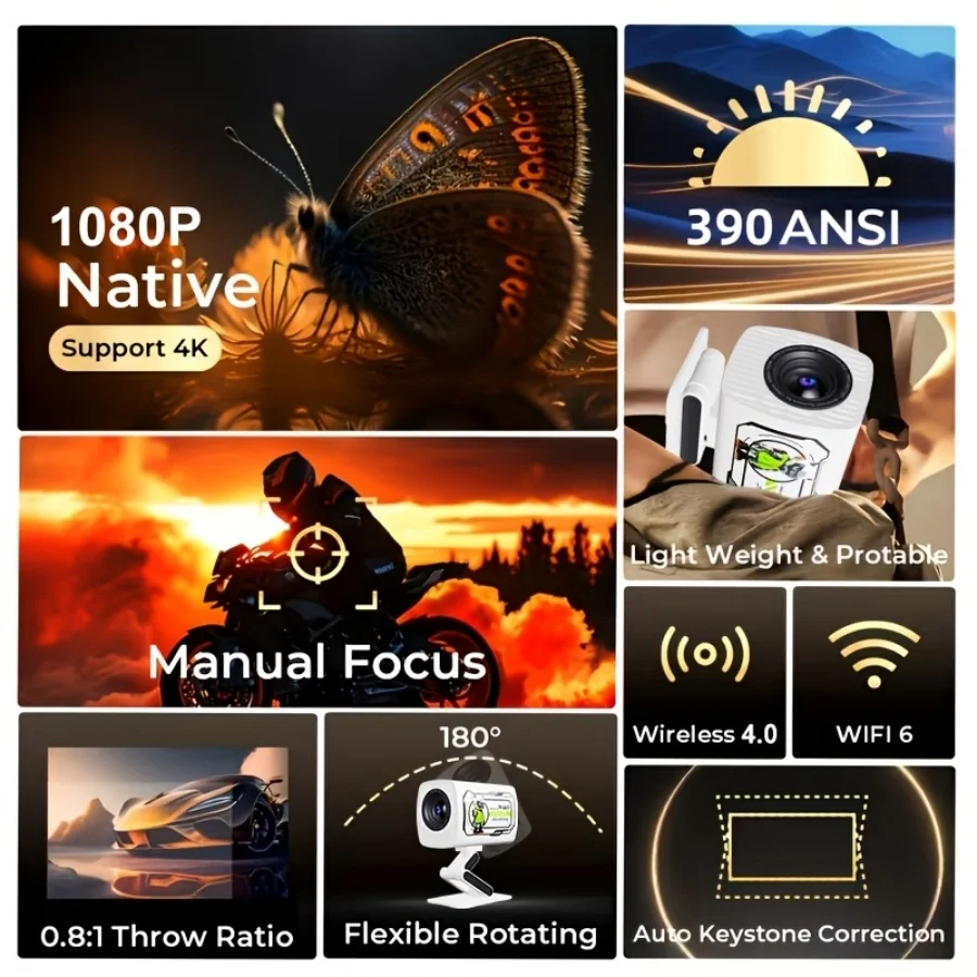 2026 New 1080P Projector Portable Mini Projetor Wired with Speakers For Phone Movies，without built-in app,Dual 200 ANSI Allwinner Home Cinema Outdoor Office Projetors High-definition Decoding Video, Cast High Definition Large Screen Movies