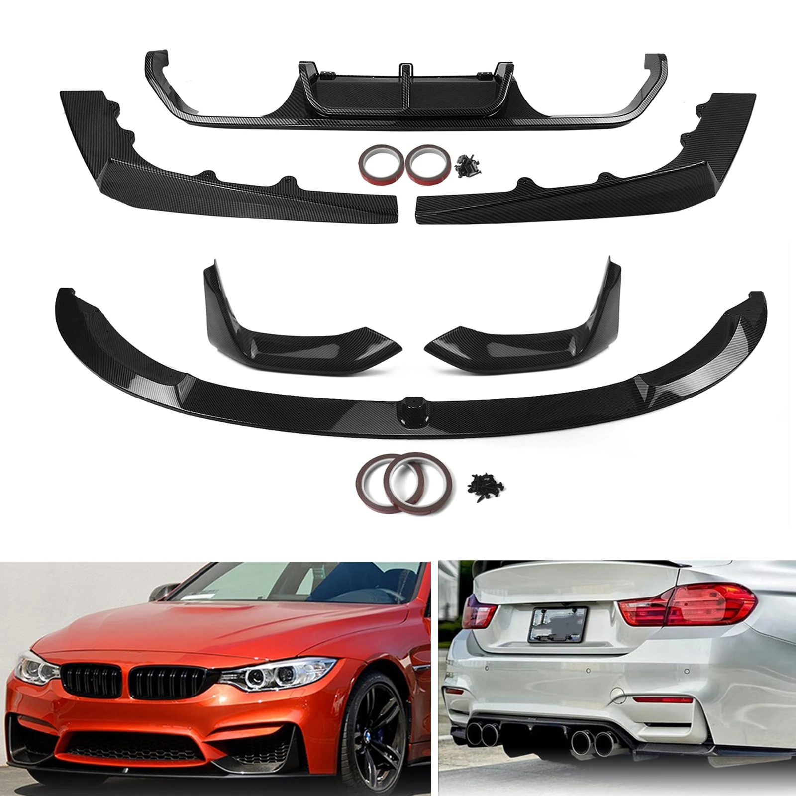 

For BMW F80 M3 F82 F83 M4 2015 2016 2017 2018 2019 2020 Gloss Black/Carbon Fiber Look Rear Diffuser Kit+Front Bumper Spoiler Lip