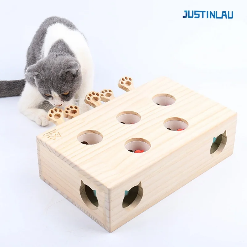 

JUSTINLAU Funny Wooden Cat Interactive Toy-Hunt Puzzle Maze with 5-Holed Mouse Holes Hamster Catch Bite Toys for Cat Pet Supplie