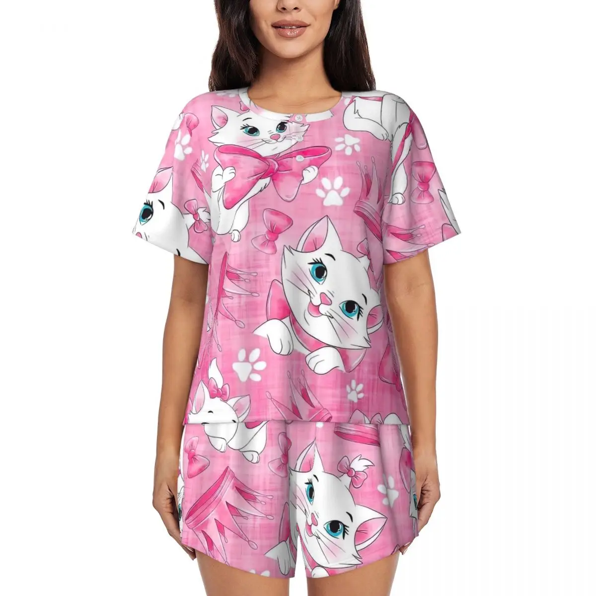 

Custom Printed Women's Cartoon Aristocats Animation Marie Cat Pajamas Set Short Sleeve 2 Piece Sleepwear Pjs Lounge Sets
