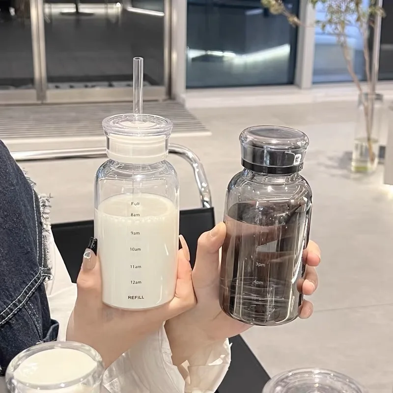 350/550/750ml Glass Transparent Water Bottles with Lid Straw Time Scale Leakproof Drink Bottle Travel Coffee Mug Milk Tea Cup