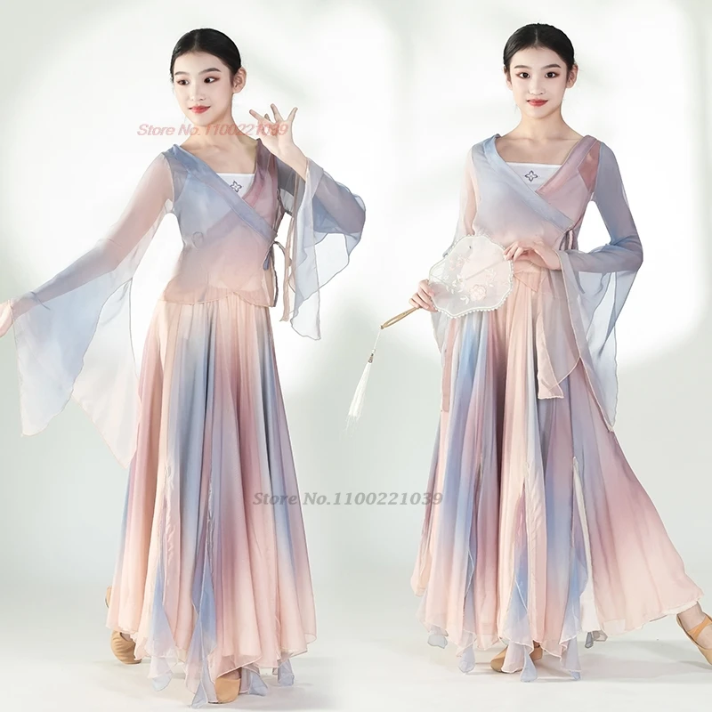 

2026 китайский винтажный детский костюм для народного танца, градиентный цвет, сетчатый топ ханьфу + юбка, комплект, традиционное сценическое платье