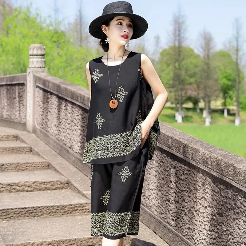 

Summer Female Round Neck Floral print 2PCS Middle Aged Mother Cotton Silk Set 2025 Ladies Fashion Large Size 5XL Two-piece Set