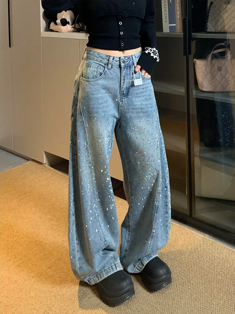 

American High Street Design iny Sparkling Women's Jeans High Waist Knife Floor Length Splicing Glittering Starry