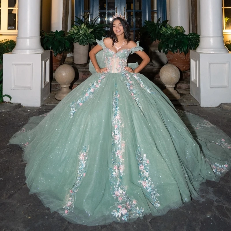 

Светло-зеленые платья Quinceanera с открытыми плечами и аппликацией из кружева с бисером и бантом из тюля Бальное платье Vestidos De 15 Anos Sweet 16 Dress